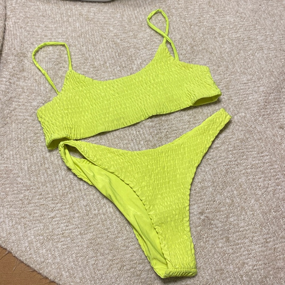 Neon yellow smocked cheeky bikini